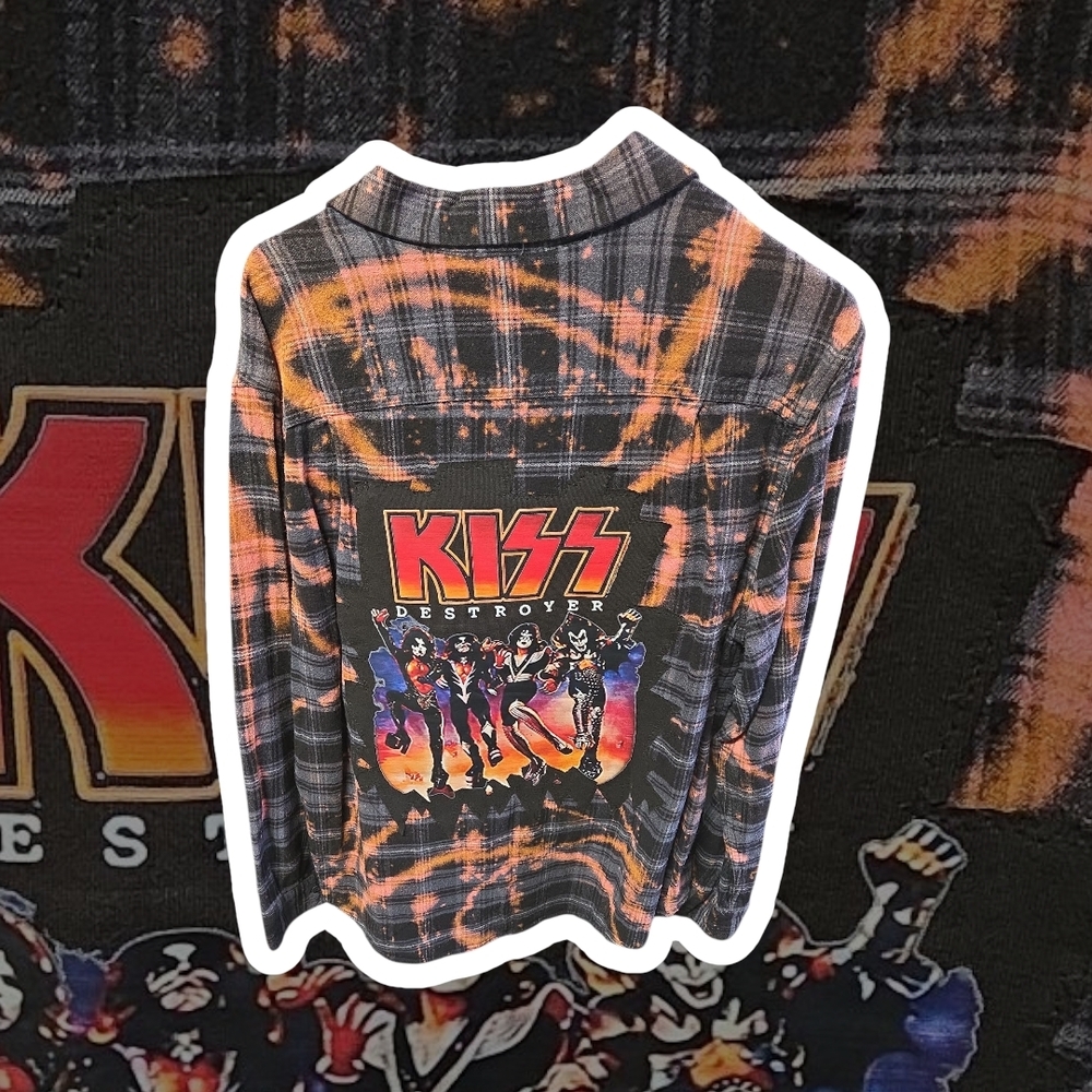 Upcycled Kiss Kids Button Down Shirt - Orange and Black